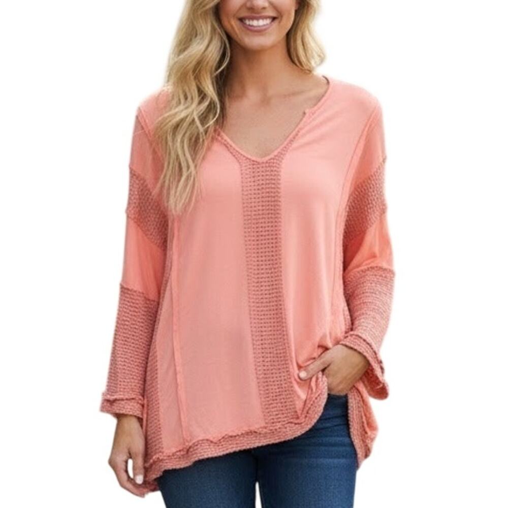 POL Peach Lagenlook Top M Oversized Boho Festival Mixed Media Casual Cozy Comfy
